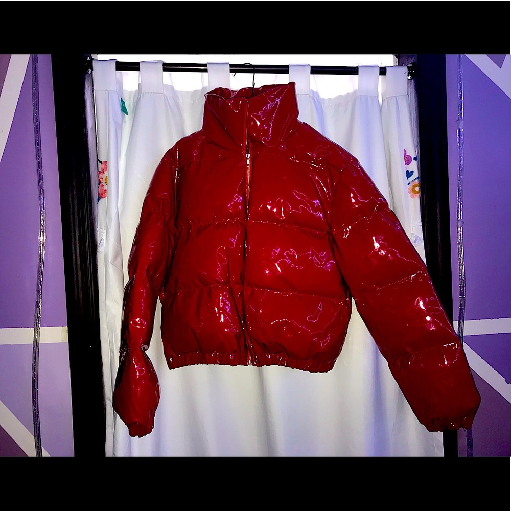 Red puffer jacket